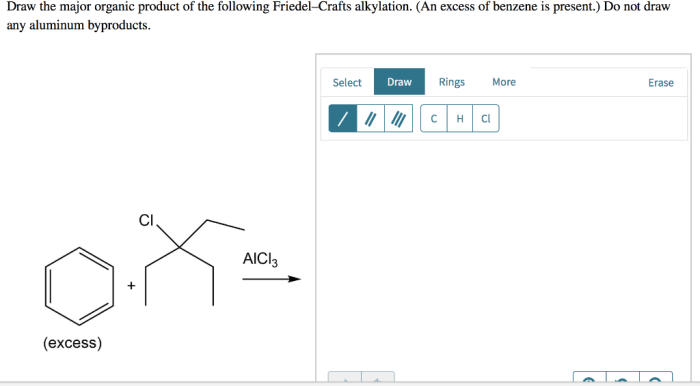 Draw the major organic product of the following friedel-crafts alkylation